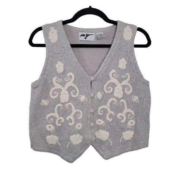 Vintage My Party Sweater Vest Metallic Silver White Beaded Embroidered Womens M - Picture 1 of 11